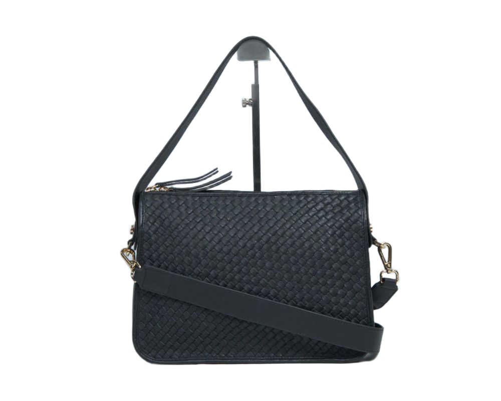 Black woven leather handbag